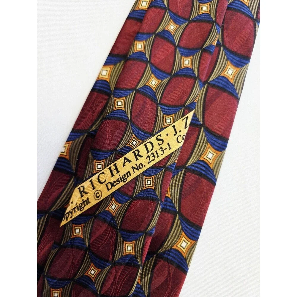 Vintage J.Z. Richards Silk Tie, 1990s Medallion Geometric, Maroon Blue Gold USA